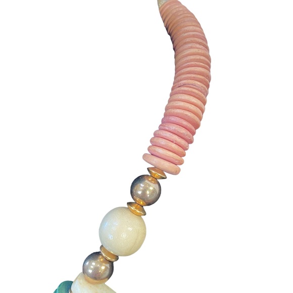Designed By Paula Brand Ivory Green Brown Pink Wood Chunky Beaded Necklace - Picture 4 of 6